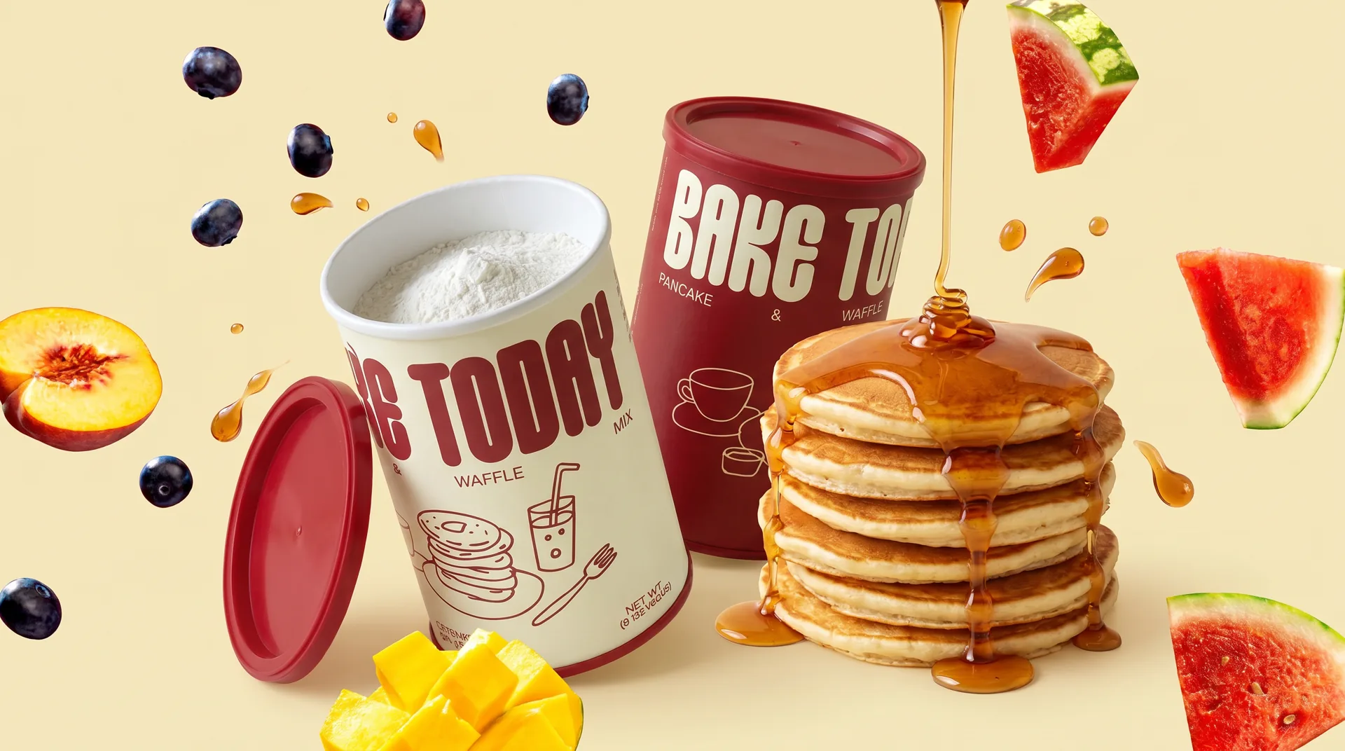 BAKE TODAY pancake mix with stack and fruits