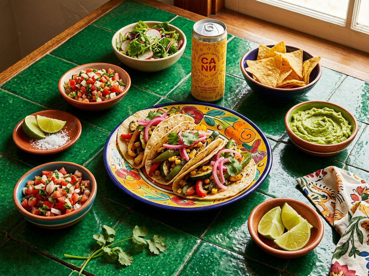 Cann with a colorful taco spread