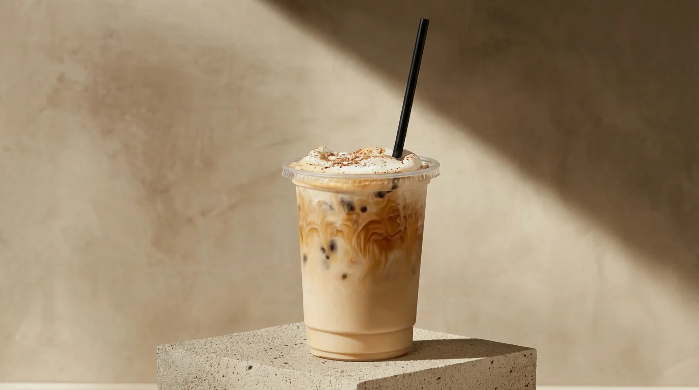 Iced coffee on a concrete pedestal