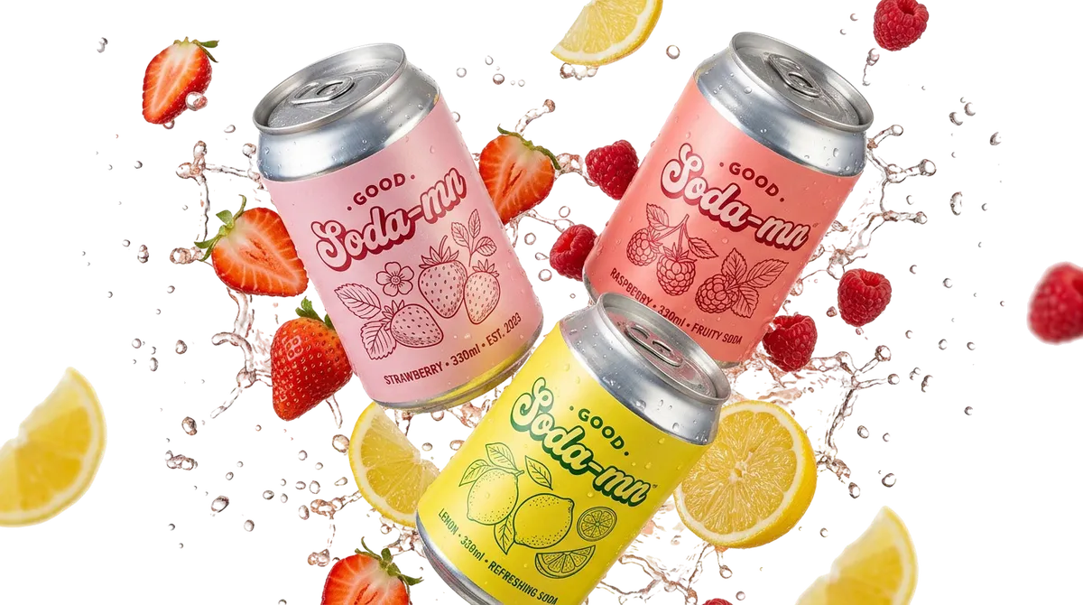 Canettes Soda-mn avec éclaboussures de fruits