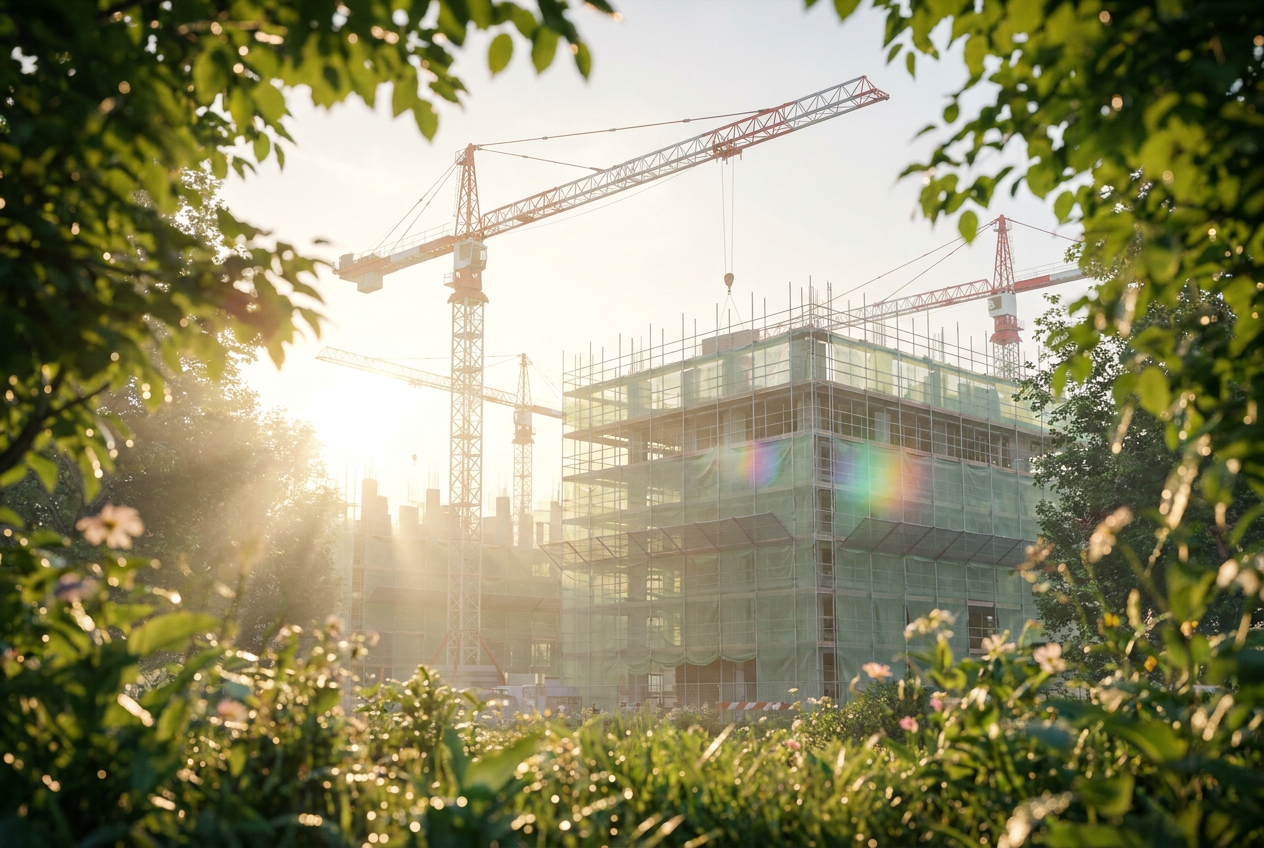 Chantier au lever du soleil vu à travers les feuillages