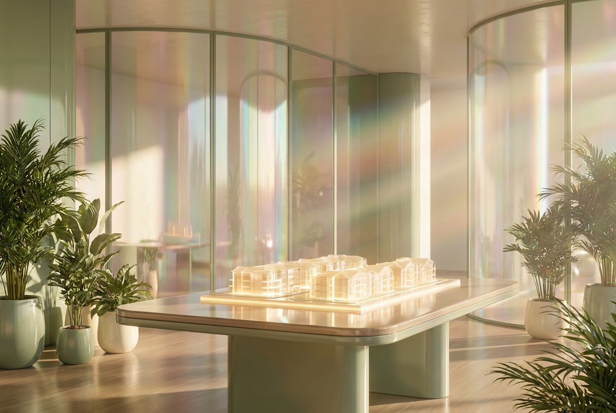 Showroom lumineux avec maquette du quartier et plantes d'intérieur