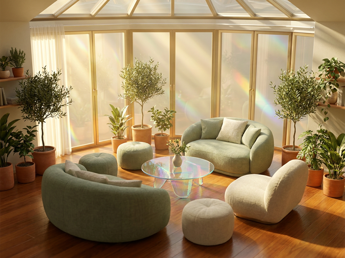 Salon communautaire baigné de soleil avec canapés vert sauge et arbres d'intérieur