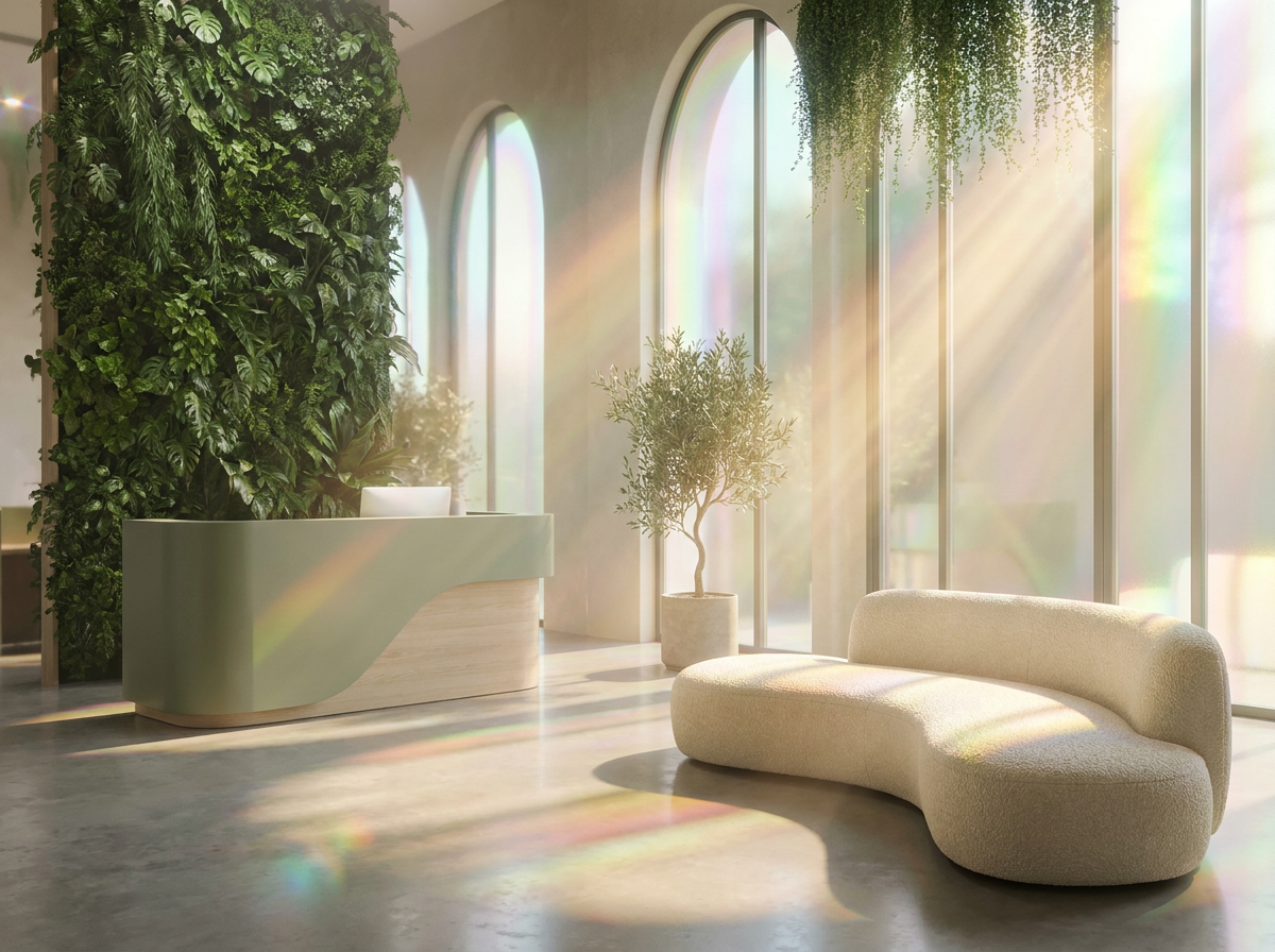 Hall d'immeuble design avec mur végétal et mobilier organique