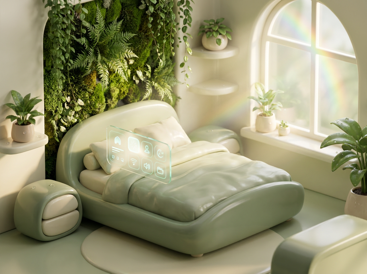 Chambre connectée aux tons verts avec panneau domotique holographique